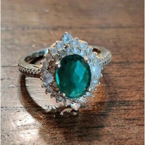 925 Sterling Silver Gold Tone Green Stone Ring, Sz 7, 3g Signed P*M